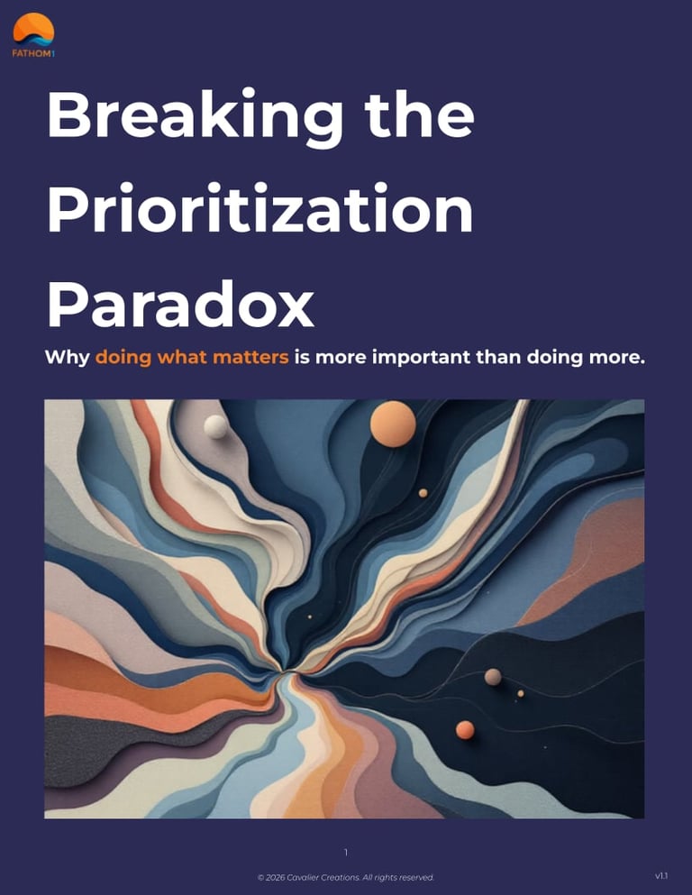 Cover page showing title Breaking the Prioritization Paradox with tagline and colorful abstract flowing paper art design on navy background